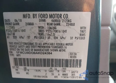 2010 Ford Escape Xlt from USA, damaged, VIN 1FMCU9DG9AKD24384